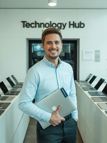 man holding macbook